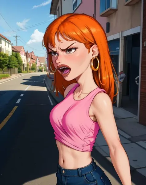Sarah,orange hair, lips,  angry,  black eyes,  
hoop earrings, midriff , pink shirt, denim jeans, shoes, 
outside, neighborhood, morning,  open mouth,  shouting, 
 solo , upper body, standing, 
(insanely detailed, beautiful detailed face, masterpiece, best quality) 
 <lora:sarahED:0.8>