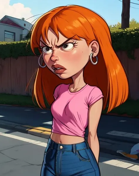 Sarah,orange hair, lips, serious look, angry, black eyes,
hoop earrings,midriff , pink shirt, denim jeans, shoes,
outside, neighborhood, cartoon, morning,
solo , upper body, standing,
(insanely detailed, beautiful detailed face, masterpiece, best quality)
<lora:sarahED:0.8>
