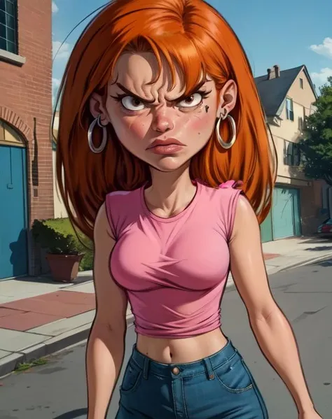 Sarah,orange hair, lips, serious look, angry,  black eyes,  
hoop earrings,midriff , pink shirt, denim jeans, shoes, 
outside, neighborhood, cartoon, morning,  red in the face, 
 solo , upper body, standing, 
(insanely detailed, beautiful detailed face, masterpiece, best quality) 
 <lora:sarahED:0.8>