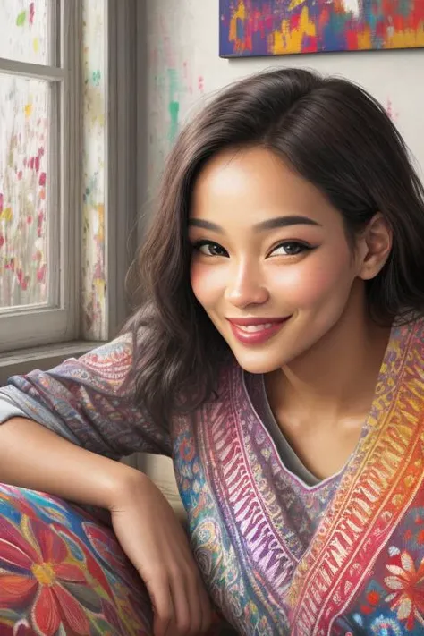 realistic adult closeup, confident colorful [multicultural]  big 1girl, smiling secretively, teasing lusty eye-contact, for women, contemporary (paintings:1.05) and tapestries behind, [window], cushions, distinct extra detail, camera angle, clothed