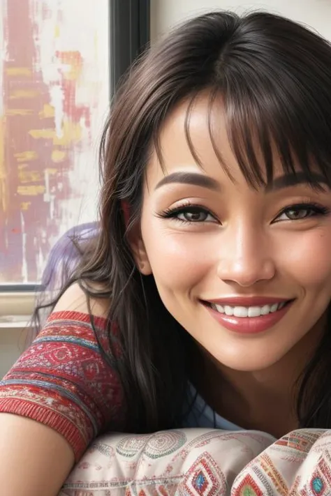 realistic adult closeup, confident colorful [multicultural]  big 1girl, smiling secretively, teasing lusty eye-contact, for women, contemporary paintings and tapestries behind, [window], cushions, distinct extra detail, camera angle