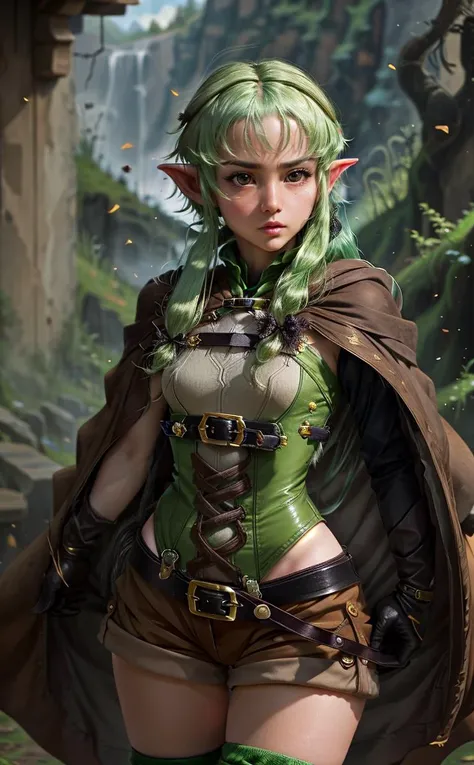 (masterpiece,best quality),HDR,high-definition,[[[Intricate Details]]],cinematic,photorealistic,1girl, curvy, elf, pointy ears, green hair, long hair, sidelocks, hair bow, green eyes, small breasts, cloak, black gloves, brown shorts, green thighhighs, short shorts, belt,  <lora:high_elf_archer_final:0.7>