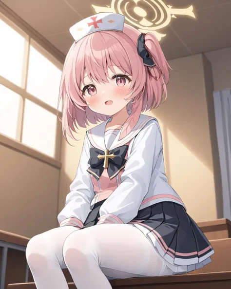 serina \(blue archive\),1girl, solo, halo, white_pantyhose, nurse_cap, looking_at_viewer, blush, white_sailor_collar, hair_ribbon, sitting, black_skirt, blurry_background, long_sleeves, open_mouth, pleated_skirt, red_ribbon, school_uniform, indoors, window, one_side_up, hand_on_own_chest, white_headwear, :d, black_bow
<lora:serina_(blue_archive)_image683_2023-11-28:1>halo. gorgeous,key visual, vibrant, studio anime,award-winning, professional, highly detailed,high budget, cinemascope