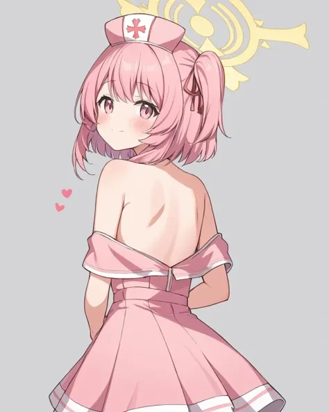 serina \(blue archive\),1girl, halo, solo, nurse_cap, simple_background, heart, grey_background, looking_back, looking_at_viewer, pink_dress, from_behind, off_shoulder, bare_shoulders, nurse, blush, one_side_up, pink_headwear, hair_ribbon, smile, closed_mouth, side_ponytail, back
<lora:serina_(blue_archive)_image683_2023-11-28:1>halo. gorgeous,key visual, vibrant, studio anime,award-winning, professional, highly detailed,high budget, cinemascope