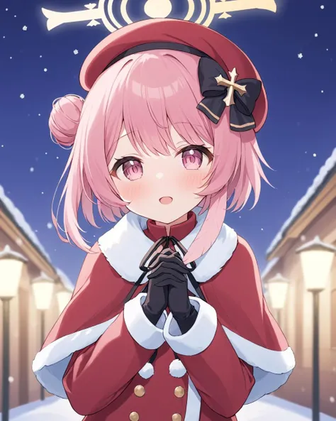 serina \(blue archive\),1girl, official_alternate_costume, solo, red_headwear, looking_at_viewer, halo, red_coat, beret, black_gloves, open_mouth, own_hands_together, snowing, blush, black_bow, bokeh, red_capelet, outdoors, long_sleeves, feathers, christmas, blurry_background, fur-trimmed_capelet, fur-trimmed_coat, upper_body, :d, hands_up, hair_bow, from_side, winter, steepled_fingers, single_side_bun, snow
<lora:serina_(blue_archive)_image683_2023-11-28:1>halo. gorgeous,key visual, vibrant, studio anime,award-winning, professional, highly detailed,high budget, cinemascope