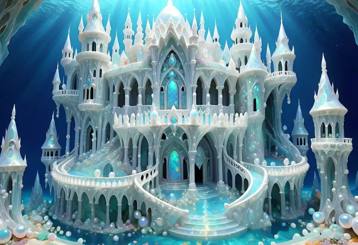 OpalPearl, fantasy castle, ((made of round pearls ))  columns, arcs, wavy columns, balconies, stairs, wide windows, biopunk, lightweight, weightless, see through