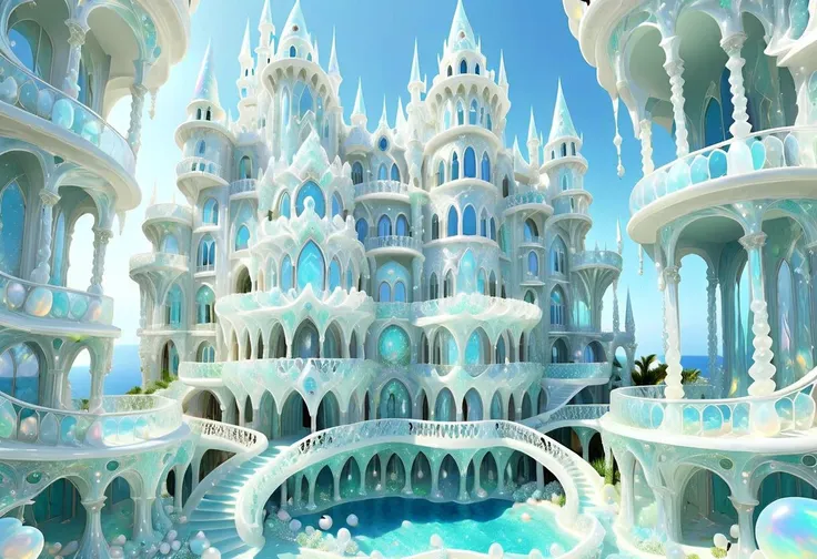 OpalPearl, fantasy castle, ((made of round pearls ))  columns, arcs, wavy columns, balconies, stairs, wide windows, biopunk, lightweight, weightless, see through