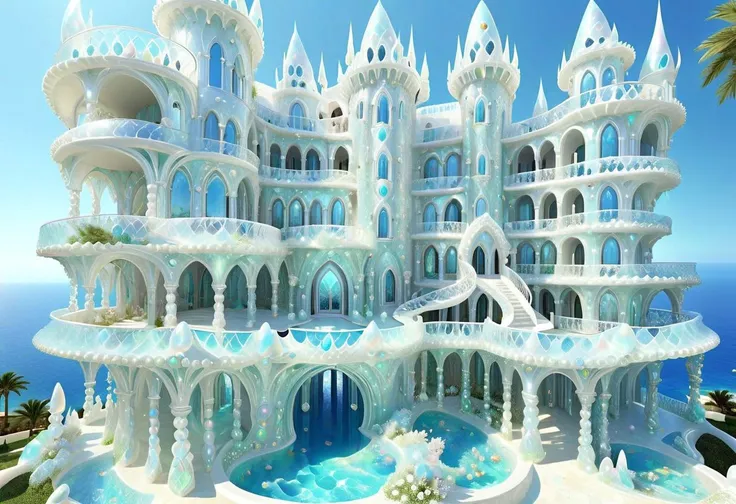 OpalPearl, fantasy castle, ((made of round pearls ))  columns, arcs, wavy columns, balconies, stairs, wide windows, biopunk, lightweight, weightless, see through