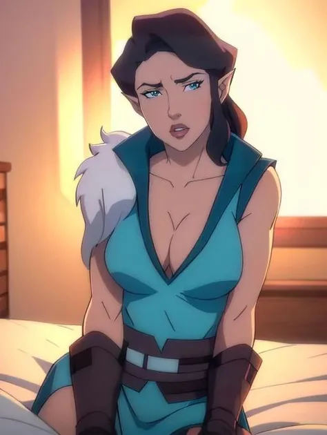 Vexahlia, cleavage, sitting on bed, sexy, looking at viewer(8k, RAW photo, best quality, masterpiece:1.2),ultra-detailed, (high detailed skin:1.2), 8k uhd, dslr, soft lighting, high quality,   <lora:Vexahlia_Vox_Machina_animated_v1:0.8>