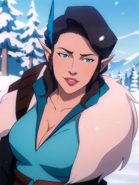 Vexahlia, portrait, smiling, snowy landscape, (8k, RAW photo, best quality, masterpiece:1.2),ultra-detailed, (high detailed skin:1.2), 8k uhd, dslr, soft lighting, high quality,   <lora:Vexahlia_Vox_Machina_animated_v1:0.8>