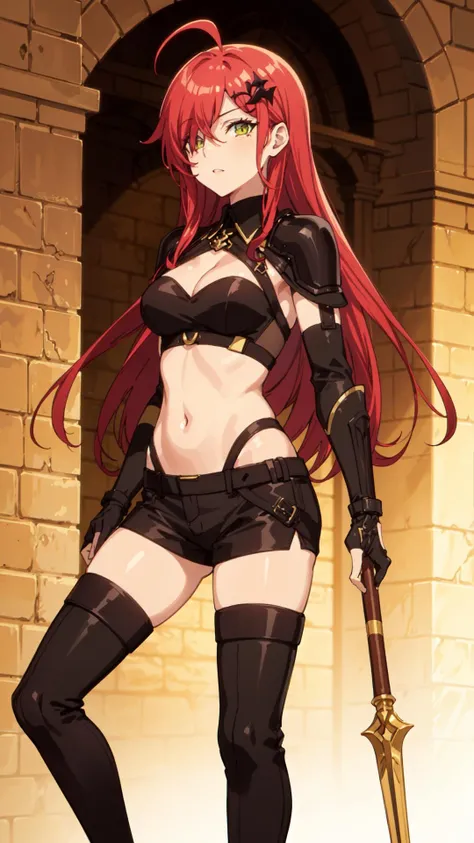 masterpiece, best quality, Soft drawing style, 2d, red hair, long hair, rough hairstyle, female knight, Laughing, showing your teeth, {{tsurime}}, huge breasts, thin waist, wide pelvis, thighs, Armor, (NSFW:1.2), black underwear, (micro bikini:1.5), Pelvic exposure, exposed navel, (종아리 Armor, 어깨Armor:1.5), smooth skin, standing posture, Composition seen from the front, Wet, A lot of love juice, (milf:1.5), (Decadent beauty:1.5), forest background