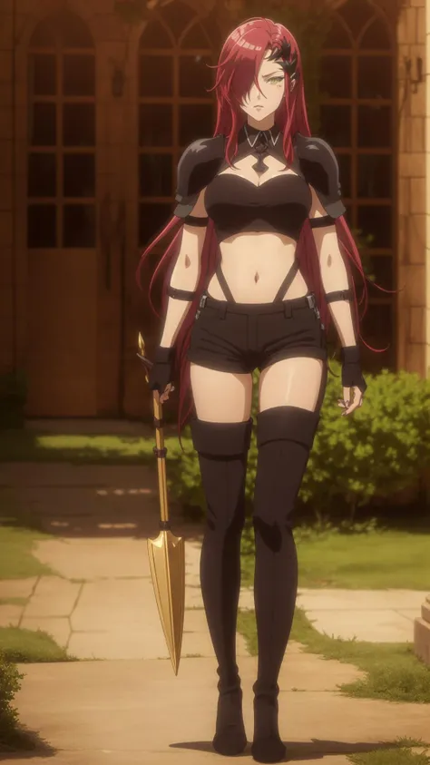 sisro, anime, a woman, long red hair which covering her right eye, green eye, black hair ornament, black adventure exposing body top, midriff, black gauntlets, black shoulder pads, teenie black jeans, black long stocking boots, holding yellow spear, 8k, 16k,trending on pixiv, fanbox, skeb, masterpiece, detailed face, smooth soft skin, beautiful intricate colored hair, digital painting, medieval fantasy background, <lora:sisro:0.7>