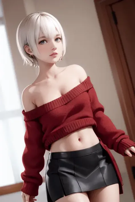 <lora:doa_luna:0.8> luna, sweater, long sleeves, bare shoulders, skirt, indoors, beautiful