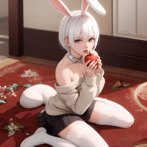 ((masterpiece,ultra-detailed, intricate details, best quality)), 1girl, cute, ((o o)), luna, <lora:doaxvvLuna_v10:0.8> , white hair, sweater, long sleeves, bare shoulders, skirt, indoors, beautiful , wariza, white legwear, bunny slippers, holding food, food on face, looking at viewer,