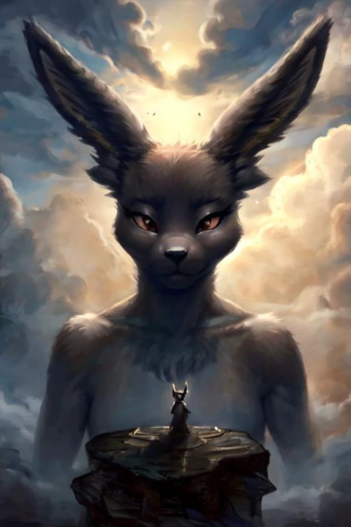 centauroid,furry,(anthro:1),masterpiece, detailed background,(detailed_fur:1),high quality, 4k, realistic,sultry eyes, lustful eyes,day, star sky, huge god, floating, glowing, cloud, lighting,  close-up, upper body of huge god,1girl, in cloud <lora:HugeGodV1:1> ,eevee