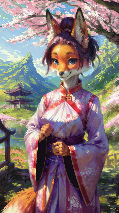 (fox ears, fox nose, small breasts, fluffy tail, traditional chinese outfit:1.1),cherry blossom tree, fall, outdoor, daytime, hair ornament, hair bun, happy, cute, solo,1girl, female, anthro, smile, blush, round face, freckles,(by wayne barlowe:0.8),(by pino daeni:1.2),masterpiece, best quality, photorealistic, hyperrealistic, ultradetailed, detailed background, photo background, digital painting, oil painting, [by thebigslick|spectrumshift|jay naylor]