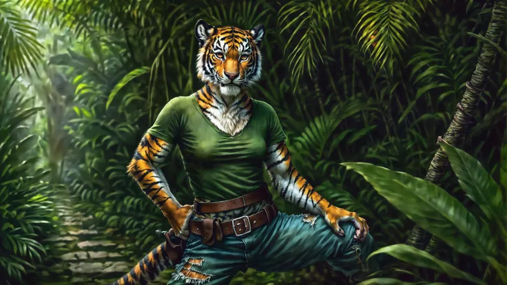 solo, anime, Hayao Miyazaki style, torn jeans shorts, military boots, messy tiger stripes fur, small breasts, detailed hands, (correct hands), (green shirt), dynamic pose,
smiling, sharp fangs, orange eyes, (Rambo style machinegun), belt of bullets, (bullet belt), trigger discipline, standing, (jungle, palms, green grass),
masterpiece, cinematic lighting, detailed fur, realistic fur, detailed tiger stripes, detailed eyes,
full body, higher detail, realistic proportions, absudres, high quality, intricate details, contrast, depth of field, lens flare, bloom,