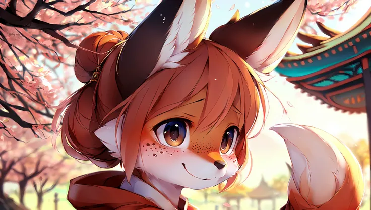 (fox ears, fox nose, small breasts, fluffy tail, traditional chinese outfit:1.1),cherry blossom tree, fall, outdoor, daytime, close up face, hair ornament, hair bun, happy, cute, solo,1girl, female, anthro, smile, blush, round face, freckles, side view,(by Hioshiru,by einshelm:0.9),masterpiece, best quality, photorealistic, hyperrealistic, ultradetailed, detailed background, photo background, digital drawing (artwork), [ by dagasi|ancesra:0.7]