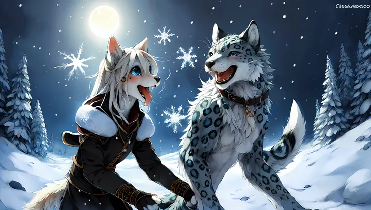 2girls,detailed background,anthro,winter,snow,night,wolf female,snow leopard male,full body,slim,petite,feminine,large eyes,breasts,anime eyes,blush,outdoors,playing,having fun,laughing,detailed fur,masterpiece,best quality,4k wallpaper,artwork,intricate details,volumetric lighting sun rays,(by noboru murakami:1.0),(by cheesewoo:1.2),(by Fenek:1.1),(by Tofu93:0.9),(by oouna):0.8,(by belka13:0.7),high quality,high-definition,extremely detailed,8k wallpaper,intricate details,8K uhd,Full-HD,fur,pawpads,throwing snowballs,wolf tail,leopard tail,sharp focus,soft focus,(catching snowflakes with tongue:1.2)