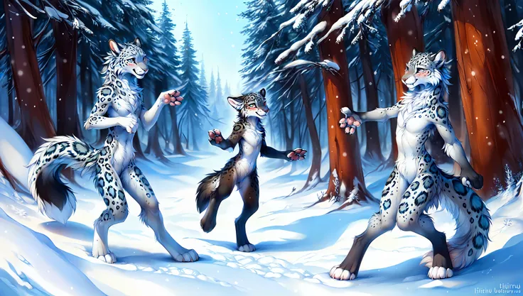 (snow leopard, wolf:1.1), playing, cute, funny, snow, winter forest, daytime, detailed fur, fluffy,  pawpads,anthro, animal ears, small breasts, thigh gap, blush, happy, smile,(by F-R95:1.0),(by Hioshiru:1.2),(by einshelm:0.9),(by  wayne barlowe:0.8), masterpiece, best quality, photorealistic, hyperrealistic, ultradetailed, detailed background, photo background, digital painting, [by thebigslick|by spectrumshift| by jay naylor|by absurdres]