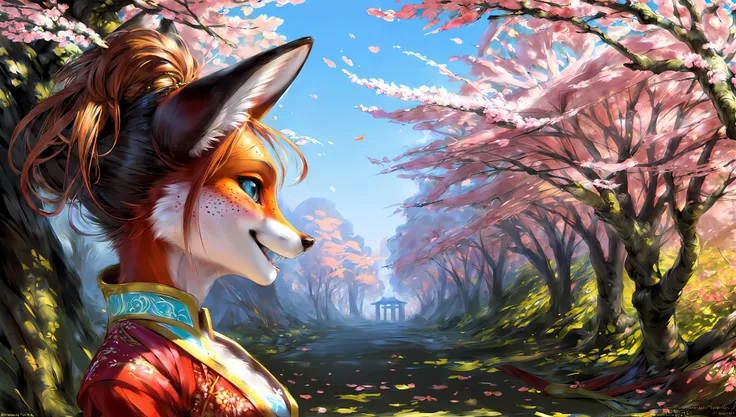 (fox ears, fox nose, small breasts, fluffy tail, traditional chinese outfit:1.1),cherry blossom tree, fall, outdoor, daytime, close up face, hair ornament, hair bun, happy, cute, solo,1girl, female, anthro, smile, blush, round face, freckles, side view,(by wayne barlowe:0.8),(by pino daeni:1.2),masterpiece, best quality, photorealistic, hyperrealistic, ultradetailed, detailed background, photo background,  digital painting,  [by thebigslick|spectrumshift|jay naylor]