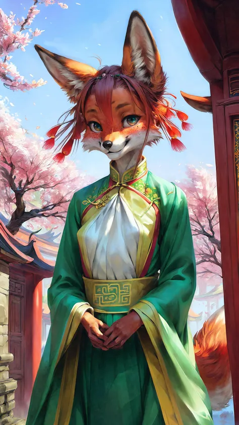 (fox ears, fox nose, small breasts, fluffy tail, traditional chinese outfit:1.1),cherry blossom tree, fall, outdoor, daytime, hair ornament, hair bun, happy, cute, solo,1girl, female, anthro, smile, blush, round face, freckles,(by wayne barlowe:0.8),(by pino daeni:1.2),masterpiece, best quality, photorealistic, hyperrealistic, ultradetailed, detailed background, photo background, digital painting, oil painting, [by thebigslick|spectrumshift|jay naylor]