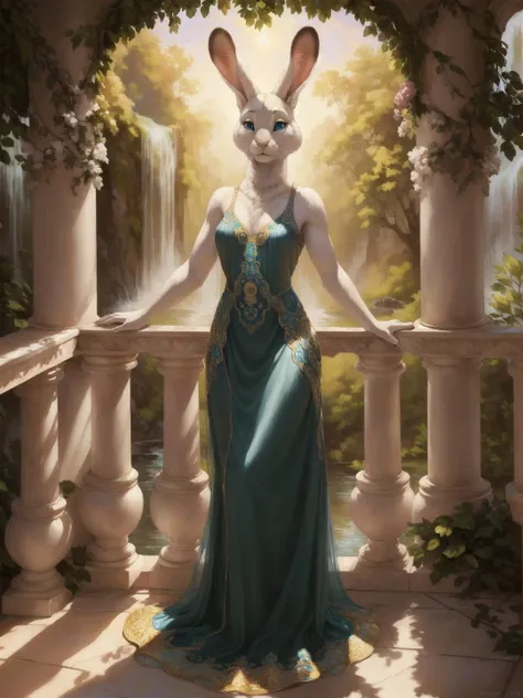 anthro, female, solo, mammal, lagomorph, leporid, (rabbit), anthrofied, soft face, kind face, alluring, bald, thin neck, ears down
whiskers, fur, tuft, (fluffy rabbit tail), detailed, (white fur), white body, blue eyes, bedroom eyes, multicolored body, multicolored fur, two tone body, two tone fur, (realistic fur, fur, realistic fur texture:1), ((detailed fluffy fur)), furry arms, furry paws, rabbit feet
((masterpiece)), photorealistic, hyper realistic, ultra detailed, hi res, 3d (artwork), digital media (artwork), absurd res, uploaded on e621
[realistic proportions], [explicit content, adult, nsfw], [sharp focus], (cinematic lighting), (detailed lighting)
wide angle, full body, three-quarter perspective, beautiful woman, mixed race, (peacock inspired elegant detailed and modest Art Nouveau Evening Gown), posing, small breasts, small hips, intricate, high detail, 8k, dslr, hyper realism, outside, colorful scenic fantasy background, waterfall, forest, overlook, balcony, ambient light, golden hour, golden ratio, perfect lighting, (inspired by Alphonse Mucha), (masterpiece), (best quality), (detailed), (realistic), (8k)