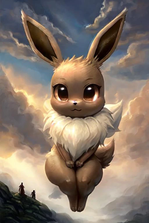 centauroid,furry,(anthro:1),masterpiece, detailed background,(detailed_fur:1),high quality, 4k, realistic,sultry eyes, lustful eyes,day, star sky, huge god, floating, glowing, cloud, lighting, close-up, upper body of huge god,1girl, <lora:HugeGodV1:1> ,(eevee:1.2),chibi