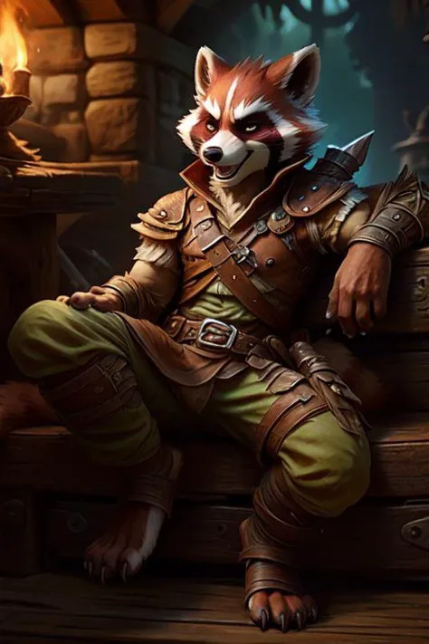 solo male anthro red fur raccoon dressed in adventurer \(ff14\) gear with open plantigrade toe boots, (slight open mouth smile), orange eyes, 5 toes, toe claws, 5 fingers, finger claws, buldge, relaxing on an oversized couch inside an old tavern,