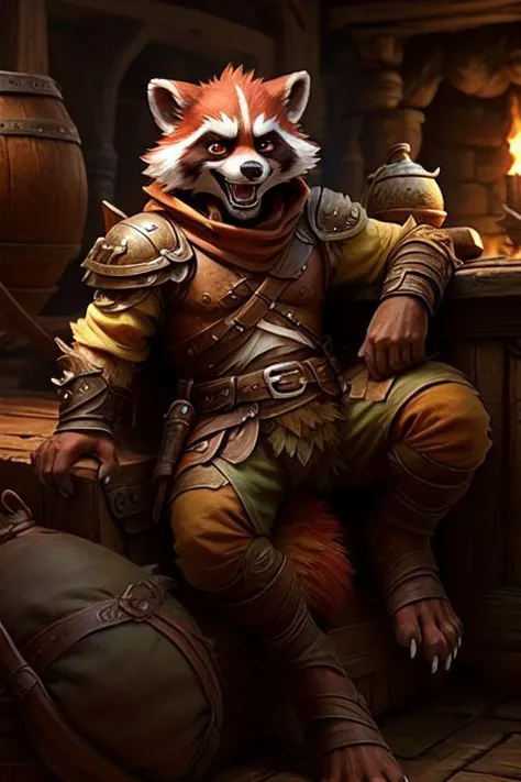 solo male anthro red fur raccoon dressed in adventurer \(ff14\) gear with open plantigrade toe boots, (slight open mouth smile), orange eyes, 5 toes, toe claws, 5 fingers, finger claws, buldge, relaxing on an oversized couch inside an old tavern,