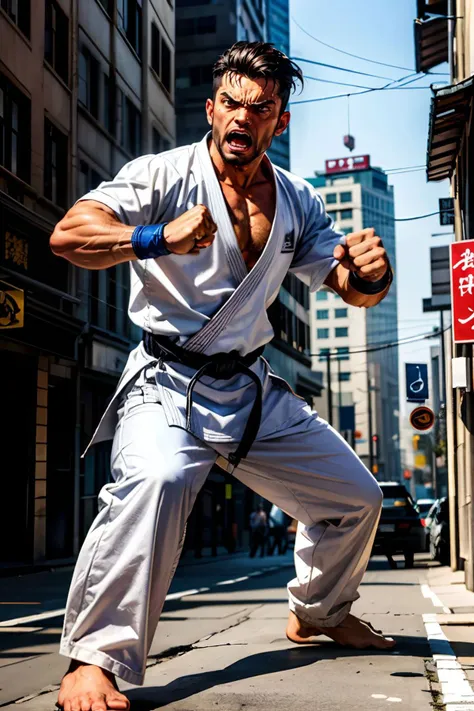 hdr, a beauty photo of geesehoward, arms crossed,shirtless, gold necklace, slick hair, (purple kahana pants), hanging black kimono jacket, black belt, looking at viewer, smiling, outside, fancy roof, cityscape, tokyo, sunny, blue sky, natural lighting, beautiful detail, <lora:GeeseHowardV2:.8>