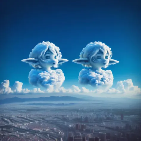 Epoch Elves, elf ear, (blue:1.2) <lora:cloud_v1:0.8> character cloud, CHCL, cumulonimbus cloud, cityscape, landscape, day, blue sky