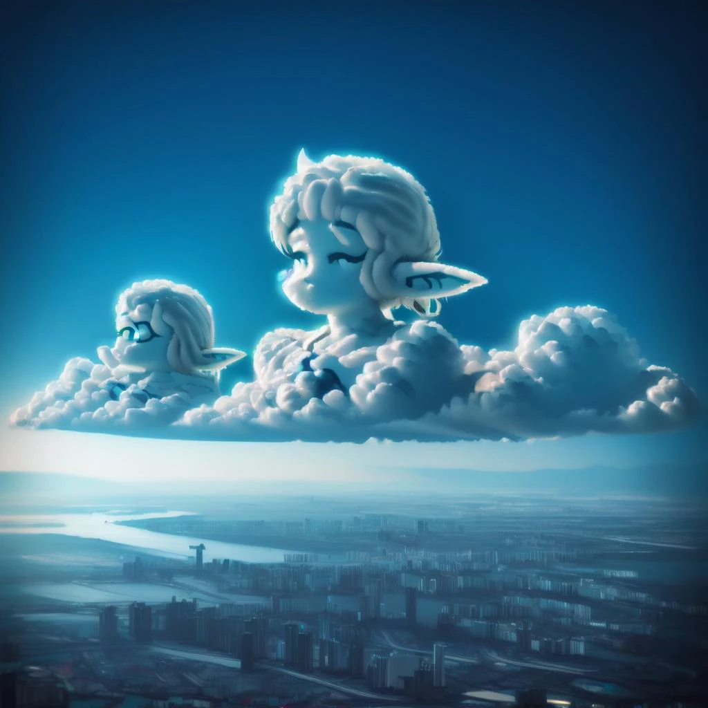 Epoch Elves, neon light, neon sign, neon, LED, elf ear, (blue:1.2) <lora:cloud_v1:0.8> character cloud, CHCL, cumulonimbus cloud, cityscape, landscape, day, blue sky