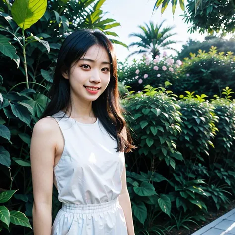 4k,8k,masterpiece, high quality, highres, ultra-detailed, soft light,1girl, bamboo, bamboo_forest, bare_tree, black_hair, branch, bush, day, fangs, flower_pot, foliage, forest, garden, grass, ivy, jungle, ladybug, leaf, leaf_background, lily_of_the_valley, lips, long_hair, looking_at_viewer, morning_glory, nature, outdoors, overgrown, palm_leaf, palm_tree, pine_tree, plant, potted_plant, smile, solo, tanabata, tanzaku, teeth, tree, under_tree, upper_body, vines, watering_can, wisteria,<lora:pailide-000010:0.6>