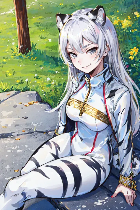 1girl, white tiger girl, grey eyes, gold stripes, white outfit, gold trim, skin tight, smirk, outside
