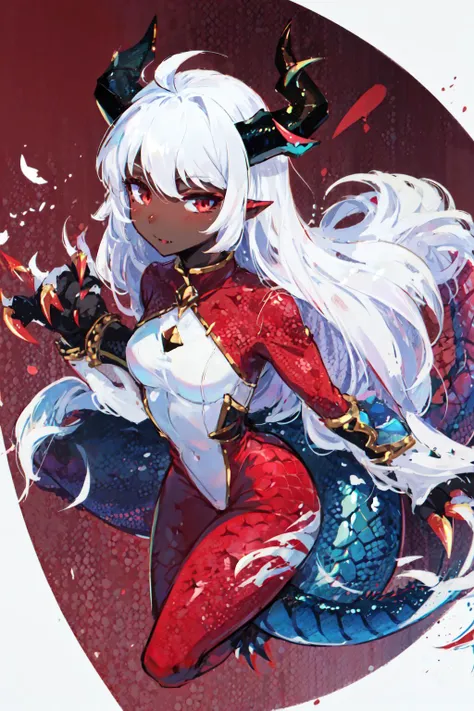 1girl, monster girl, horns, dark skin, scales, dragon tail, claws, white hair, red trim, skin tight