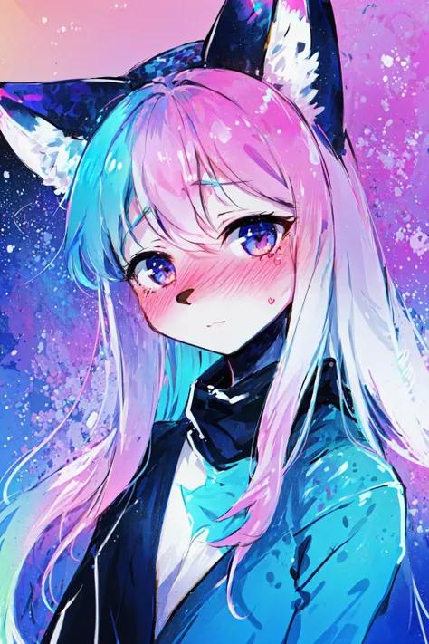 1girl, furry, anthro, vibrant, colorful, gradient sky, gradient skin, gradient hair, space, absurdly long hair, high contrast, high saturation, blush, full-face blush, upper body, embarrassed