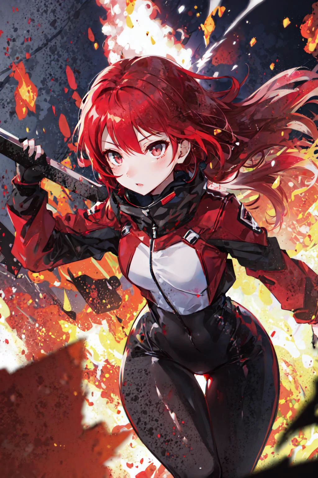 1girl, red hair, red trim, grey eyes, skin tight, explosion