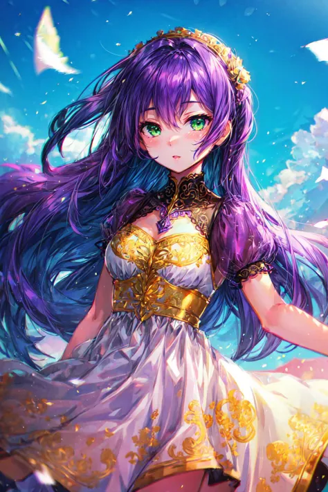 1girl, purple hair, green eyes, chromatic aberration, ornate dress, wind