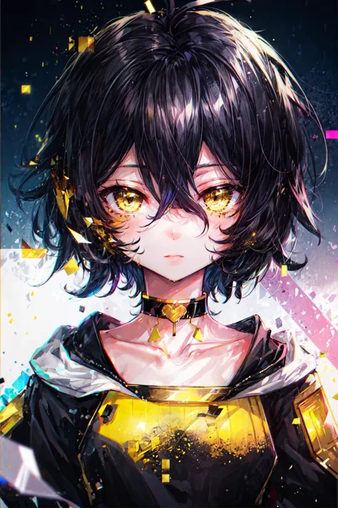 1girl, chromatic aberration, depth of field, yellow eyes, black hair, short hair, messy hair, hair between eyes, beautiful eyes, upper body, afterimage, glitch, gold trim, gold choker