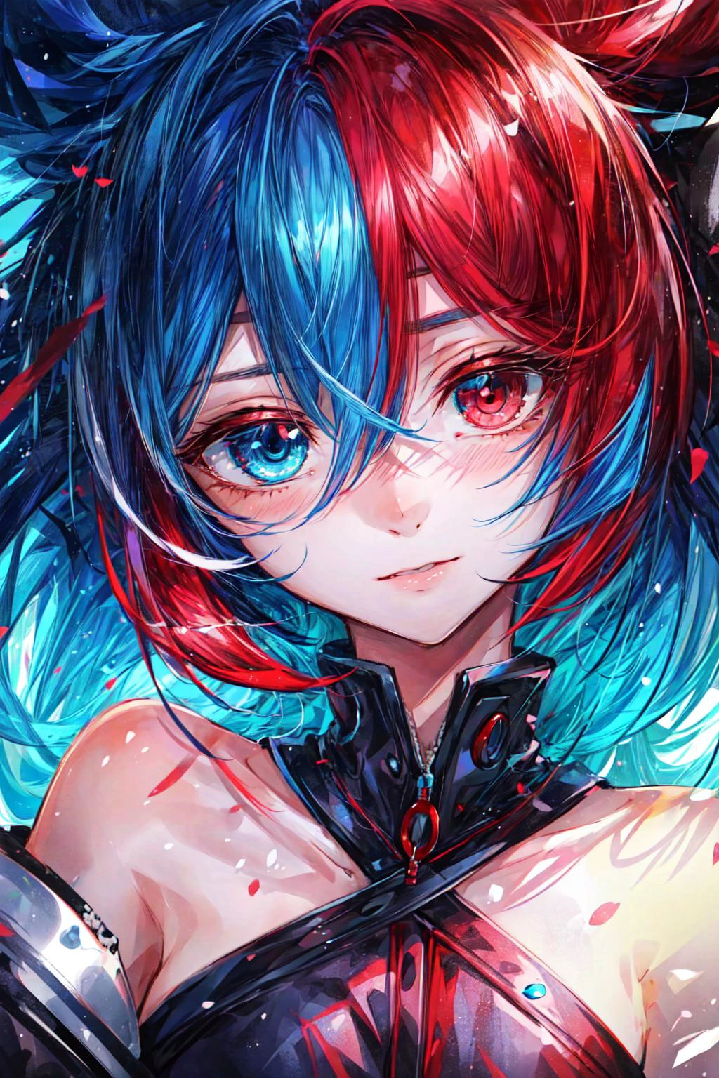 1girl, eye focus, red eyes, blue eyes, heterochromia, red hair, blue hair, multicolored hair, hair between eyes