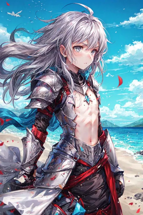 1girl, flat chest, armor, serious, grey eyes, messy hair, wind