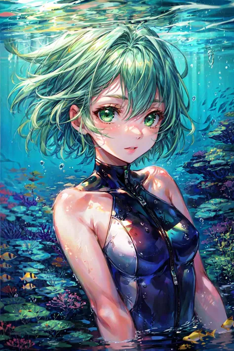 1girl, green eyes, green hair, underwater