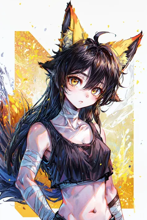 1girl, bandages, midriff, gold eyes, pale skin, super saiyan, black hair, head tilt, wide-eyed, fox ears, fox tail