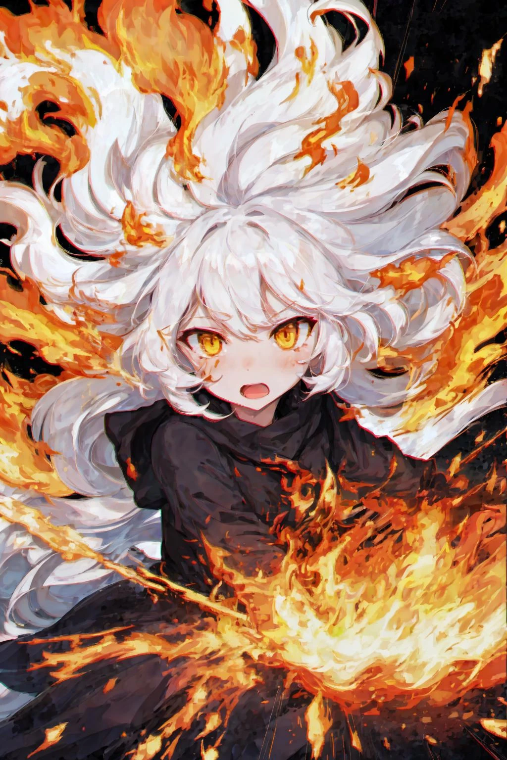 1girl, yellow eyes, white hair, messy hair, fire, explosion, emphasis lines, speed lines, motion lines