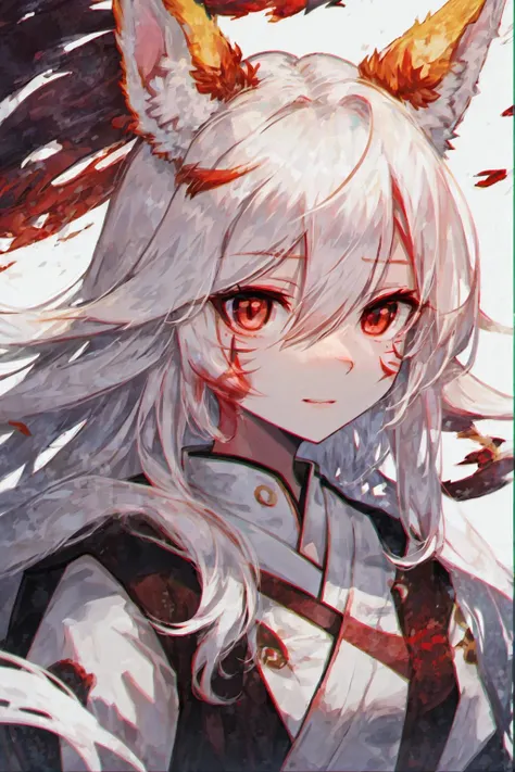 1girl, amaterasu \(ookami\), red eyes, fox ears, multicolored hair, red hair, looking at viewer, hair between eyes, streaked hair, white hair, long hair, bangs, slit pupils, facial mark