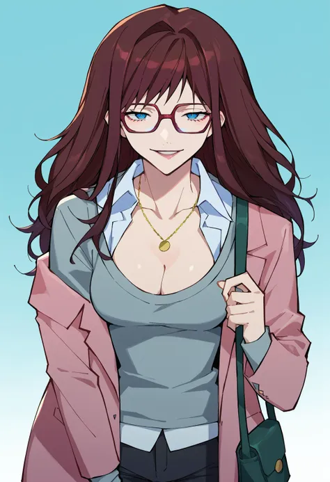 score_9, score_7_up, solo, source_anime, <lora:Degen_Mari_End_v3-000008:1> untucked shirt, mari-end, red-framed eyewear, collared shirt, grey sweater, pink jacket, parted lips, strap, green purse, pants, blue eyes, jewelry, seductive smile, cleavage, lace trim, necklace,