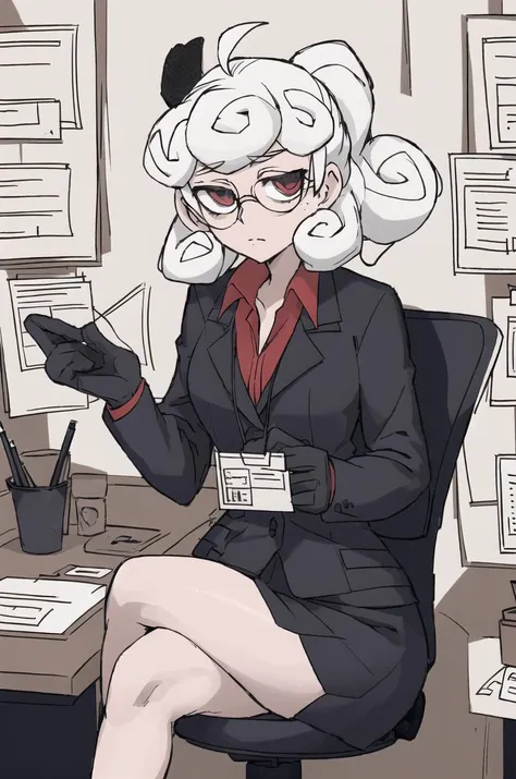 <lora:Pandemonika_2:0.7> masterpiece, best quality, black skirt, office, documents, sitting down, crossed legs, <lora:helltakerLora_10:0.4>