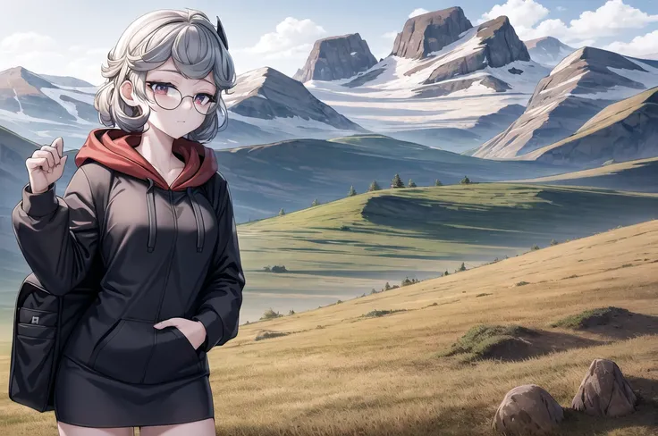 masterpiece, best quality, hiking, evening, mountains, landscape, hoodie, <lora:Pandemonika_2:0.7>