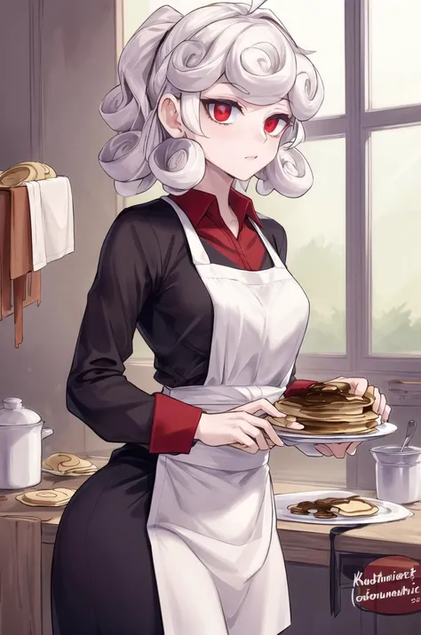 <lora:Pandemonika_2:0.6> masterpiece, best quality, cooking apron, cooking, pancakes, evening, red eyes, white curly kair,